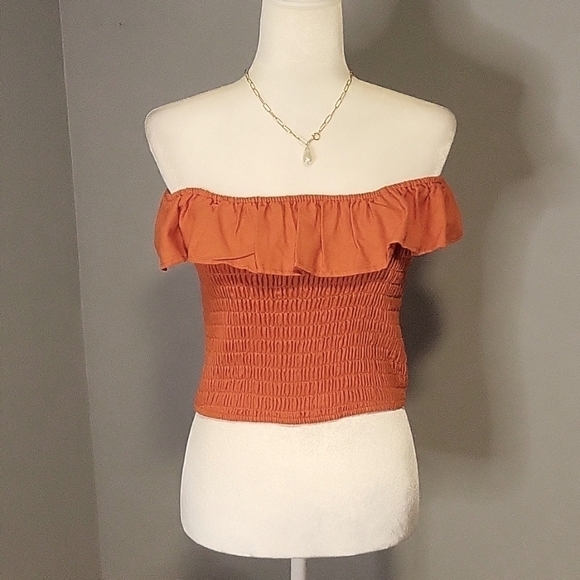 Monteau Orange Smocked Ruffled On or Off Shoulder Crop Top - Size XL - Picture 2 of 11